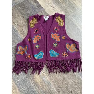 Vintage August Max Woman’s Frayed Embroidered Leaves Boho Vest Size 1X